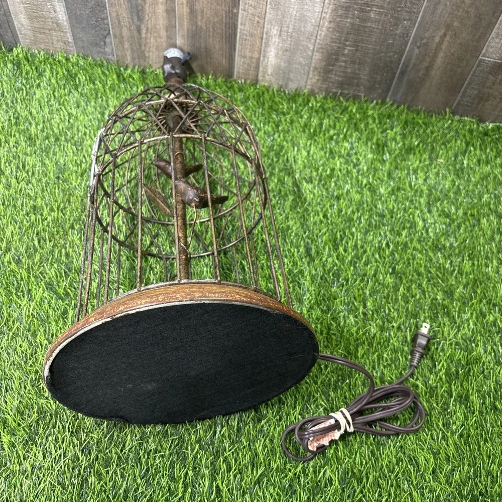 Vintage Birdcage Table Lamp Rustic Metal Wood Birds Farmhouse Decor